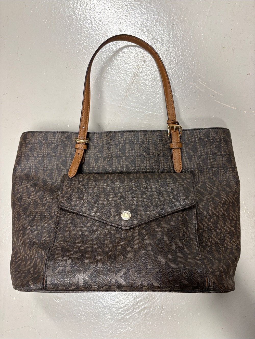Michael Kors Brown MK Monogram Tote with Tan Leather Handles